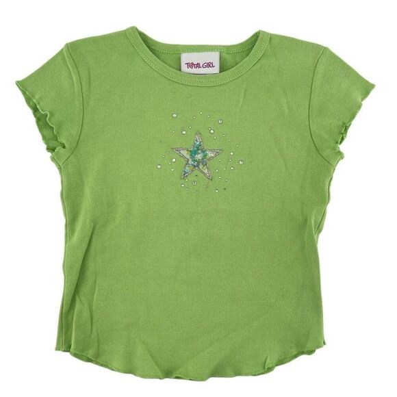 Y2K Girls 2-Piece Outfit – Green Embellished Tee & Denim Striped Capris, Size 4 - Picture 2 of 16